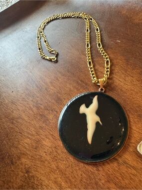 Vintage Crafted Copper Enamel Seagull Pendant Unisex Necklace Green Gold Tone